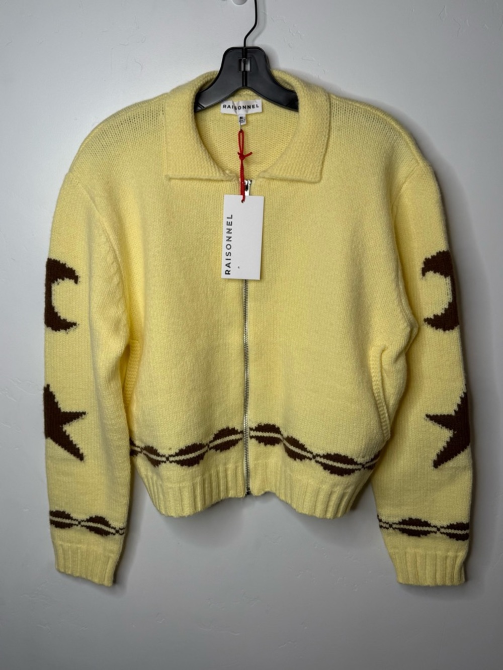 NWT Raisonnel Moon Star Zip Cardigan Yellow Celestial Western Sweater S